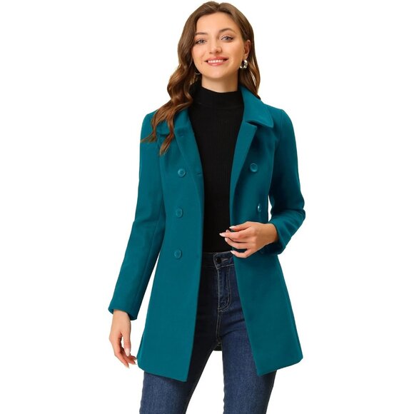 Women's  Lake Blue Medium Winter Peter Pan Collar Double Breasted Long Pea Coat - Picture 1 of 5